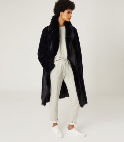 REISS DEMI LONGLINE SHEARLING COAT NAVY / luxury dark blue winter coats - flipped