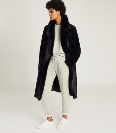 REISS DEMI LONGLINE SHEARLING COAT NAVY / luxury dark blue winter coats