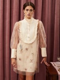 sister jane Star Burst Sequin Mini Dress Blush Pink and Cream ~ romantic semi sheer dresses ~ frill detail fashion
