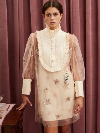 sister jane Star Burst Sequin Mini Dress Blush Pink and Cream ~ romantic semi sheer dresses ~ frill detail fashion - flipped