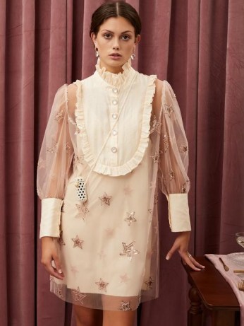 sister jane Star Burst Sequin Mini Dress Blush Pink and Cream ~ romantic semi sheer dresses ~ frill detail fashion