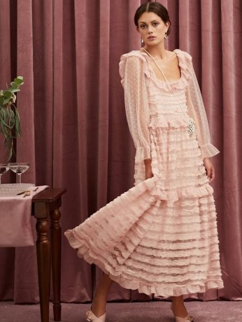 sister jane Small Talk Ruffle Midi Dress ~ pink romantic semi sheer dresses - flipped