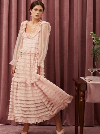 sister jane Small Talk Ruffle Midi Dress ~ pink romantic semi sheer dresses