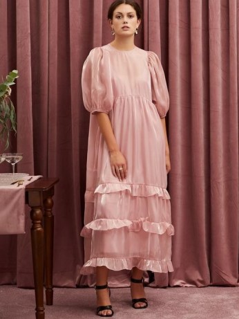 sister jane TABLE TALK Grapefruit Oversized Midi Dress ~ romantic pink frill trim evening dresses - flipped