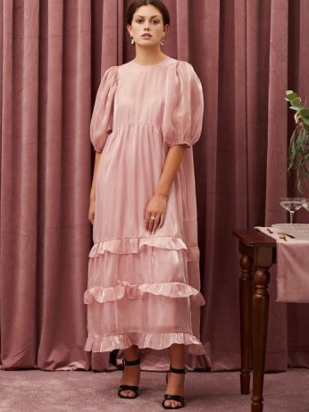 sister jane TABLE TALK Grapefruit Oversized Midi Dress ~ romantic pink frill trim evening dresses