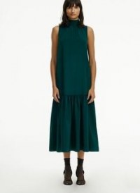 Tibi Eco Silk Dropwaist Dress ~ green sleeveless high neck dresses ~ drop waist style ~ high neck ~ frill hem - flipped