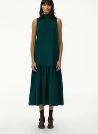 Tibi Eco Silk Dropwaist Dress ~ green sleeveless high neck dresses ~ drop waist style ~ high neck ~ frill hem