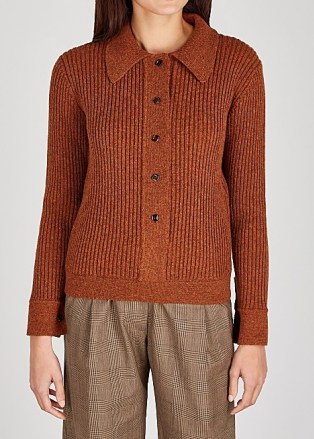 EFTYCHIA Rust ribbed wool jumper ~ orange-brown polo collar jumpers