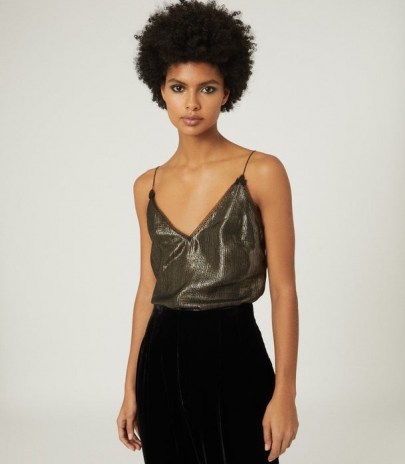 REISS ELIANNA METALLIC LACE-TRIM CAMI GOLD ~ shimmering camisoles - flipped