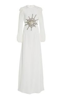 Rodarte Spider Web Embellished Silk Crepe Maxi Dress – luxe white event gowns