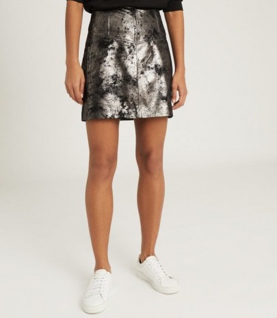REISS FALLON LEATHER MINI SKIRT SILVER ~ luxe metallic skirts