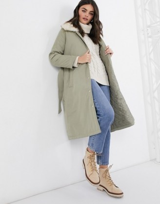 Fashion Union longline coat with faux fur trim and belt in green - flipped