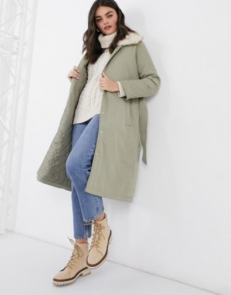 Fashion Union longline coat with faux fur trim and belt in green