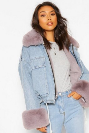 boohoo Faux Fur Trim Oversized Denim Jacket ~ casual winter jackets - flipped
