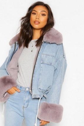 boohoo Faux Fur Trim Oversized Denim Jacket ~ casual winter jackets