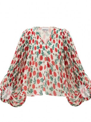 GANNI Floral-print pleated-georgette blouse / balloon sleeve rose print blouses - flipped