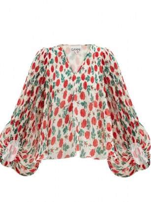 GANNI Floral-print pleated-georgette blouse / balloon sleeve rose print blouses