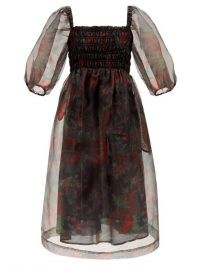 GANNI Floral-print puff-sleeve shirred organza dress ~ sheer overlay dresses ~ smocked bodice fashion ~ romance ~ romantic style