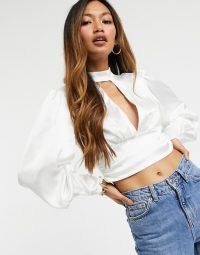 Flounce London high neck cut out blouse with ruched waist in oyster ~ blouson sleeved tops ~ volume sleeve blouses