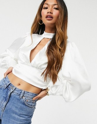 Flounce London high neck cut out blouse with ruched waist in oyster ~ blouson sleeved tops ~ volume sleeve blouses - flipped