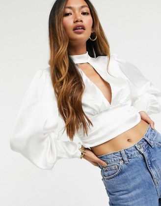 Flounce London high neck cut out blouse with ruched waist in oyster ~ blouson sleeved tops ~ volume sleeve blouses