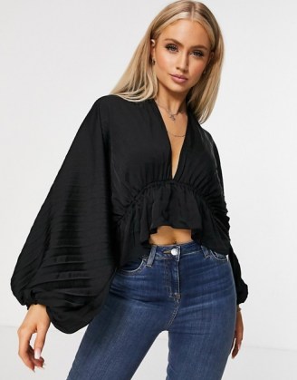 Free People Eloise top in black | deep V neck tops | volume sleeve blouse - flipped