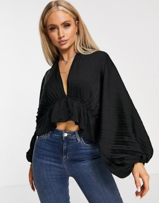 Free People Eloise top in black | deep V neck tops | volume sleeve blouse