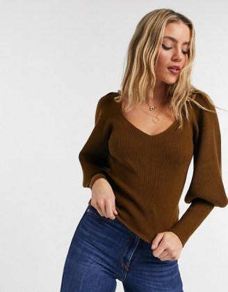 French Connection balloon sleeve jumper in tan | brown V neck jumpers - flipped