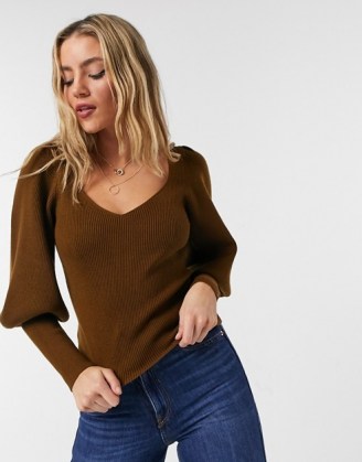 French Connection balloon sleeve jumper in tan | brown V neck jumpers