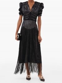 RODARTE Fringed ruched lamé dress – shimmering black evening dresses
