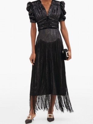 RODARTE Fringed ruched lamé dress – shimmering black evening dresses - flipped