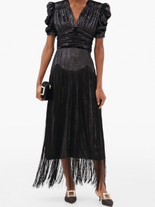 RODARTE Fringed ruched lamé dress – shimmering black evening dresses
