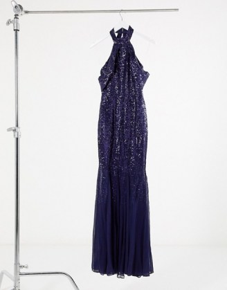 Goddiva cut out shoulder high neck embellished dress in navy ~ sparkling long dresses ~ sequinned occasion fashion - flipped