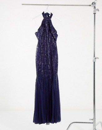 Goddiva cut out shoulder high neck embellished dress in navy ~ sparkling long dresses ~ sequinned occasion fashion