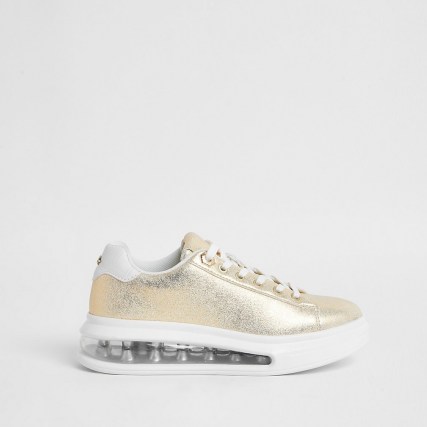River Island Gold colour bubble lace up outsole trainers | sports luxe shoes | metallic sneakers - flipped