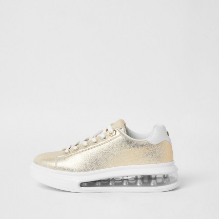 River Island Gold colour bubble lace up outsole trainers | sports luxe shoes | metallic sneakers