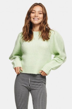 TOPSHOP Green Pleated Sleeve Cropped Knitted Jumper ~ volume sleeved jumpers - flipped