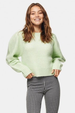 TOPSHOP Green Pleated Sleeve Cropped Knitted Jumper ~ volume sleeved jumpers