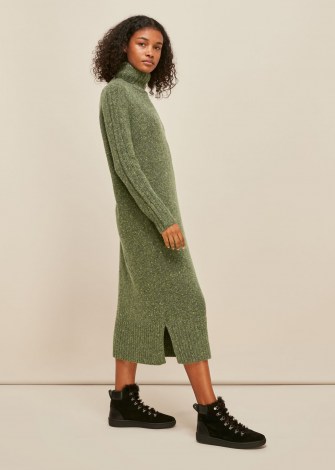 WHISTLES FLECKED WOOL KNIT MIDI DRESS / green speckled sweater dresses / high roll neck jumper dress / knitwear with style - flipped