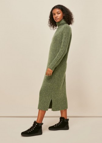 WHISTLES FLECKED WOOL KNIT MIDI DRESS / green speckled sweater dresses / high roll neck jumper dress / knitwear with style
