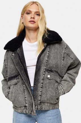 Topshop Grey Acid Wash Borg Lined Denim Jacket ~ casual oversized faux fur collar jackets - flipped