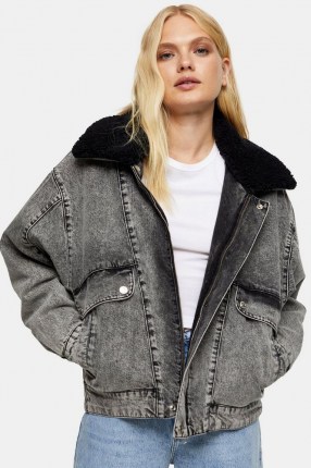 Topshop Grey Acid Wash Borg Lined Denim Jacket ~ casual oversized faux fur collar jackets