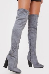 IN THE STYLE GREY FAUX SUEDE OVER THE KNEE ANKLE BUCKLE BOOTS – OTK