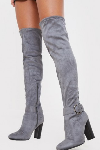 IN THE STYLE GREY FAUX SUEDE OVER THE KNEE ANKLE BUCKLE BOOTS – OTK - flipped