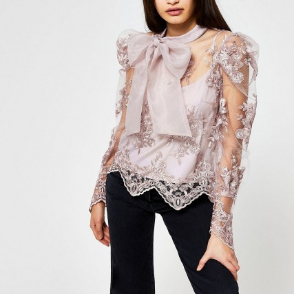 RIVER ISLAND Grey puff sleeve organza lace blouse ~ romantic look fashion ~ semi sheer blouses ~ statement bow tops - flipped