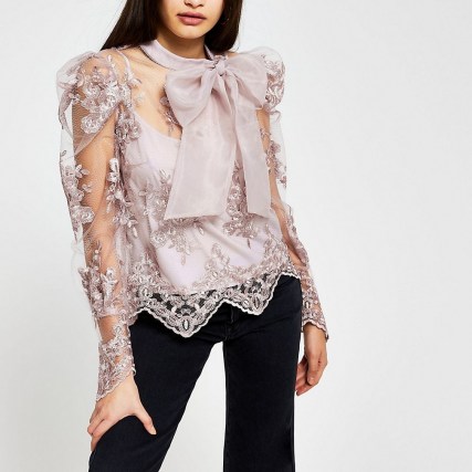 RIVER ISLAND Grey puff sleeve organza lace blouse ~ romantic look fashion ~ semi sheer blouses ~ statement bow tops