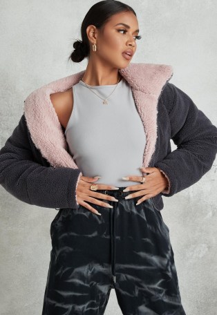 Missguided grey reversible padded borg teddy jacket ~ casual casual jackets ~ faux fur - flipped