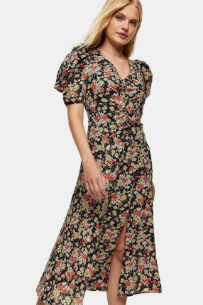 Topshop Grunge Floral Print Midi Dress ~ short puff sleeve dresses - flipped