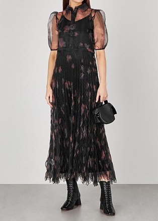 HIGH Captivate floral-print organza midi dress / black sheer sleeve dresses / feminine look clothing - flipped