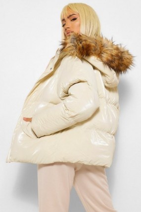boohoo High Shine Faux Fur Trim Puffer ~ shiny cream jackets - flipped